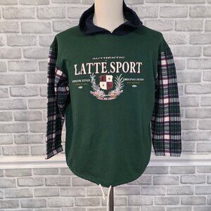 Vintage Latte Sport Rugby Plaid Hoodie Shirt USA Preppy Sporty Men M USA